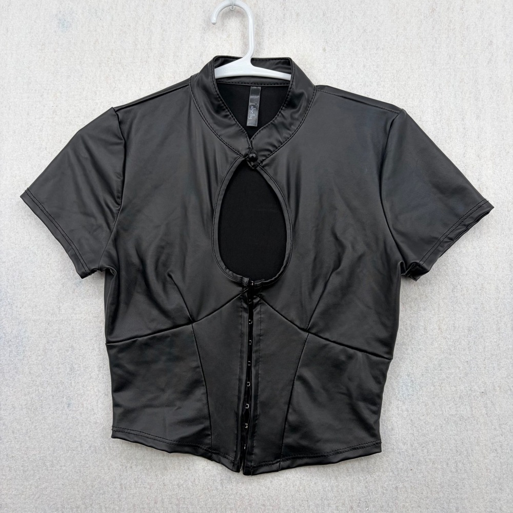 Shelly Black Faux Leather Keyhole Corset Crop Top Short Sleeve Mock Neck S
